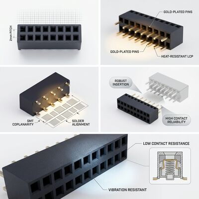 Afgeschermde box header stijl 2.54MM dubbele rij vrouwelijke connector goudflits PA6T gepolariseerde sleutel PCB doorsteek