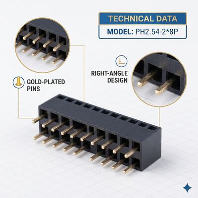 Dubbele Rij 2.54MM Haakse Female Header Connector 04P-80P Gold Flash PA6T PCB Through Hole